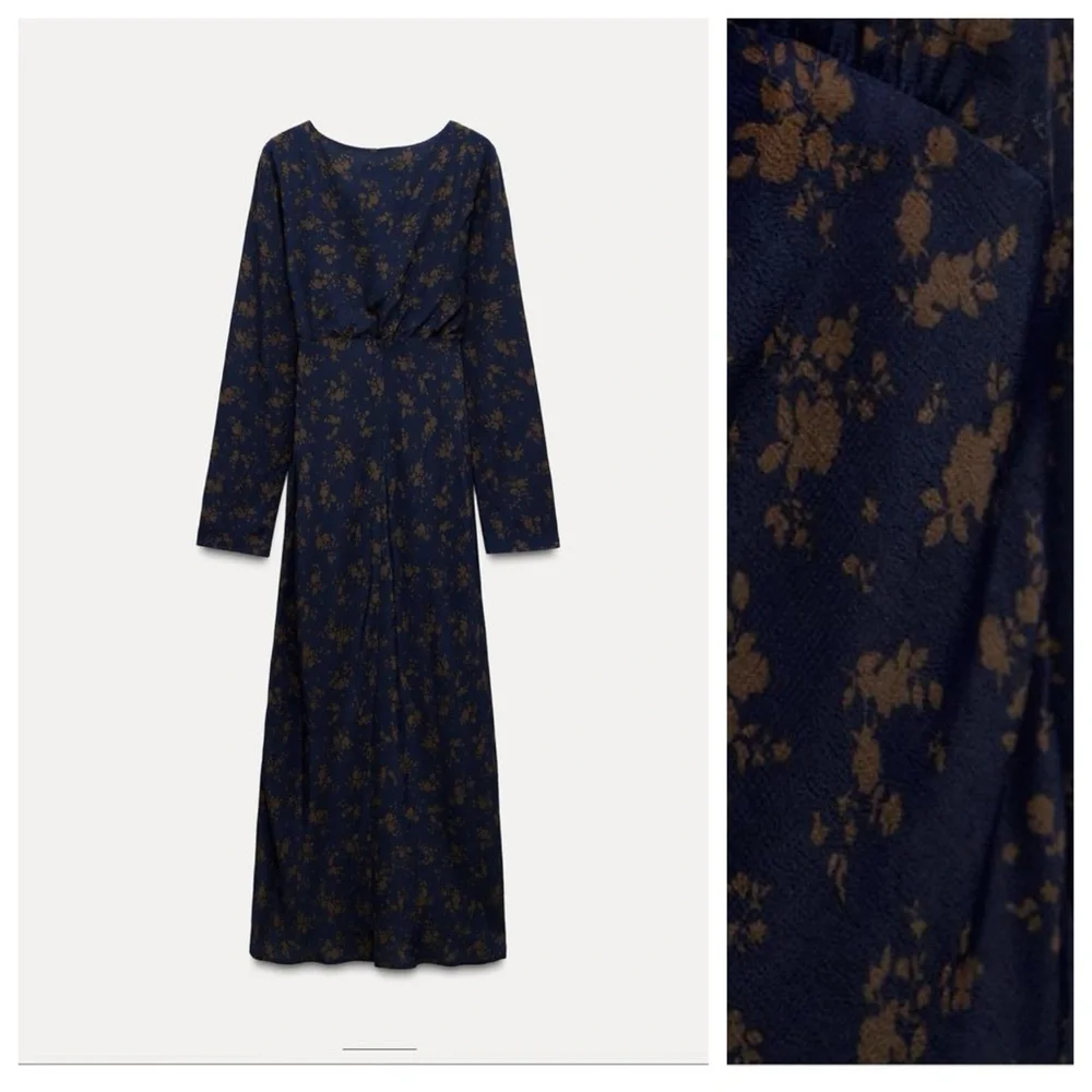 NWT. Zara Blue 100% Viscose Floral Print Midi Dress. Size M. - Picture 4 of 9